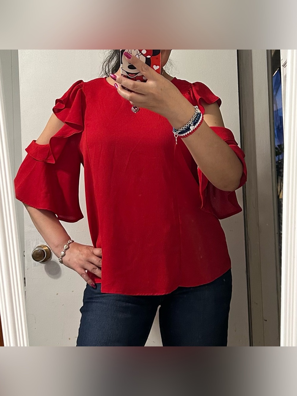 Red Cold-Shoulder Ruffle Sleeve Women's Top